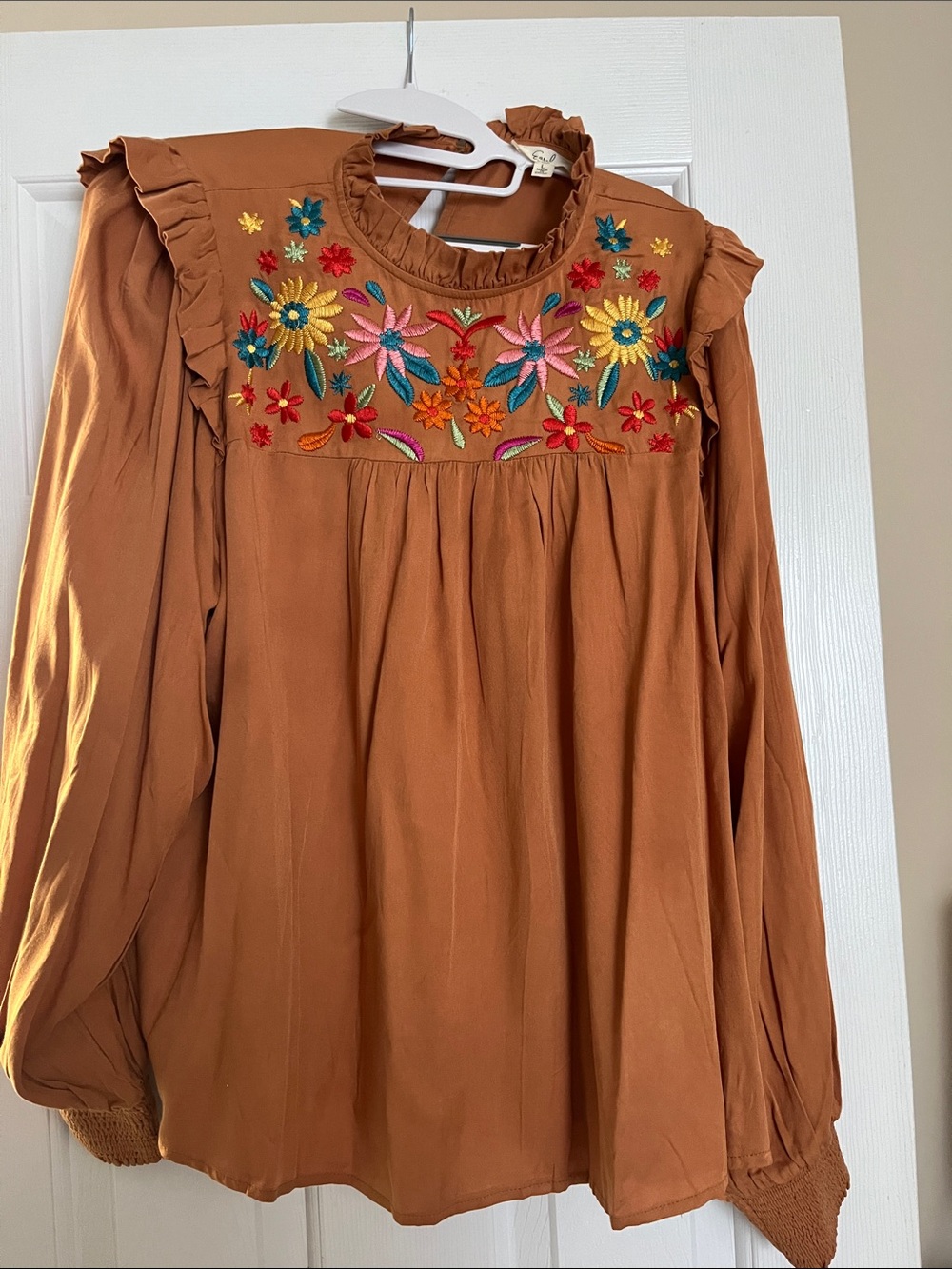 Easel NWOT Embroidered Gold Peasant Boho  Blouse with Floral Embroidered Yoke